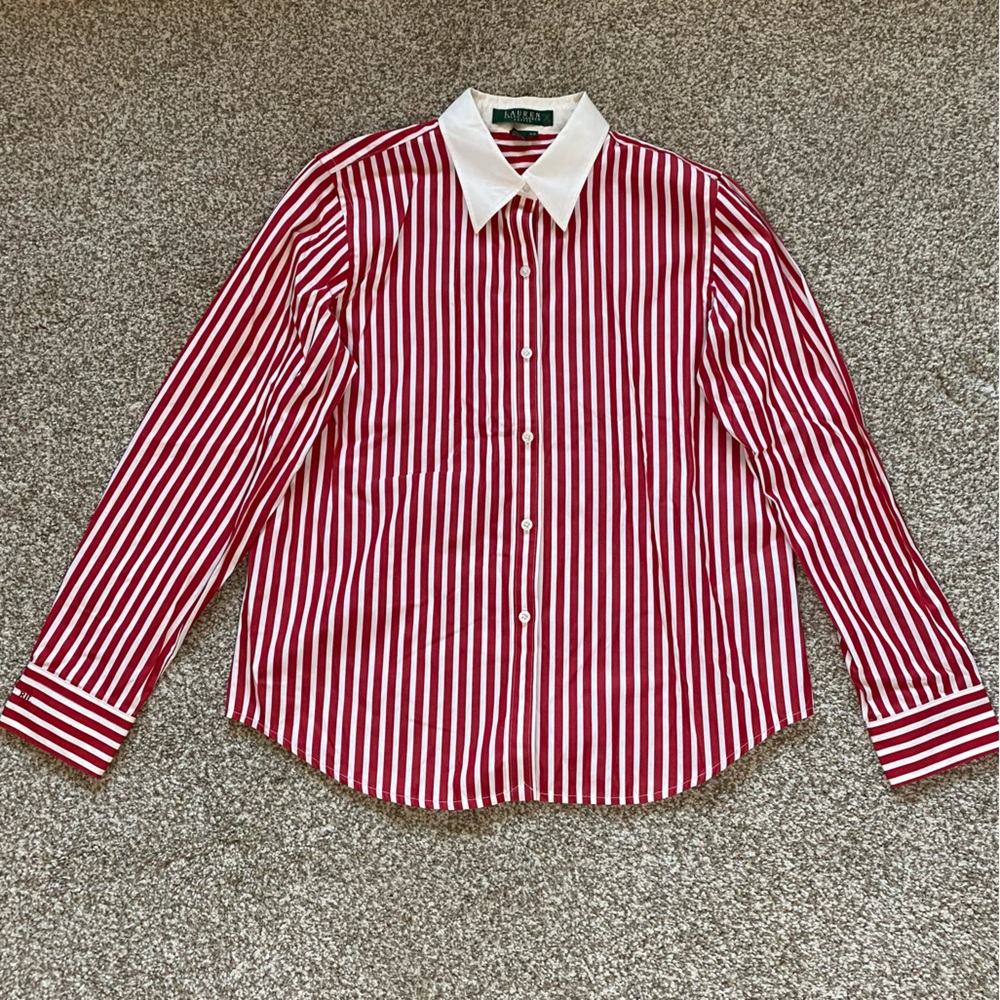 Lauren Ralph Lauren Red and White Striped Button Down Shirt